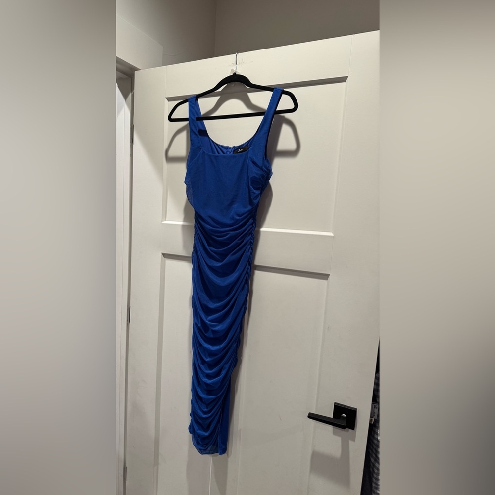 EUC Lulu's VIP Treatment Royal Blue Mesh Ruched Bodycon Midi Dress - Picture 10 of 10